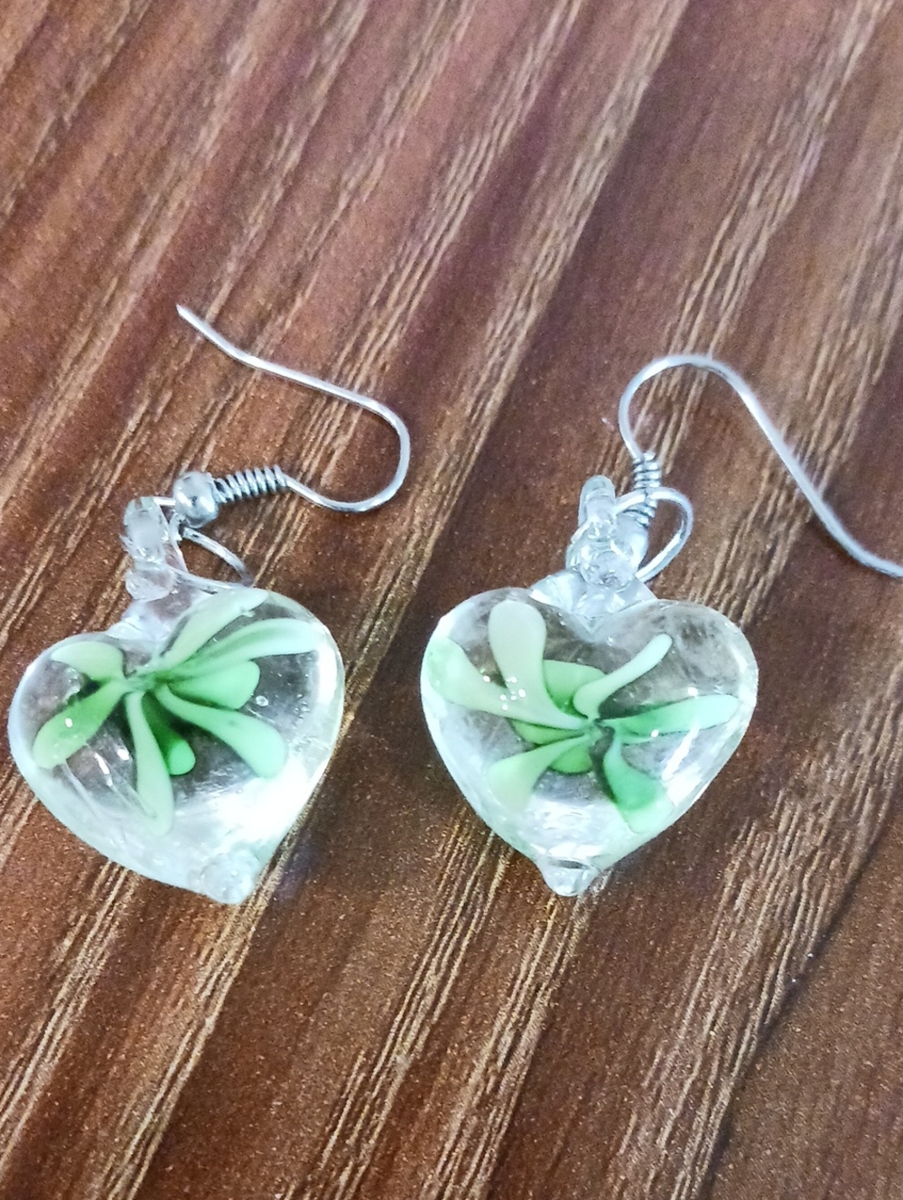 Source Unknown Clear Heart Earrings with Green Floral Motif